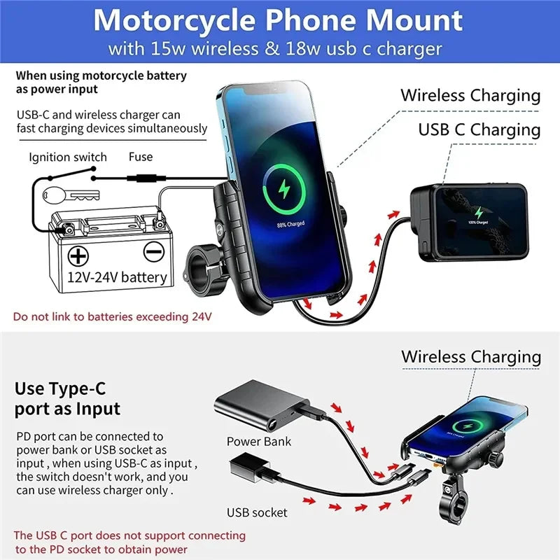 Suporte Tele móvel para Motos com Carregador Wireless/ USB